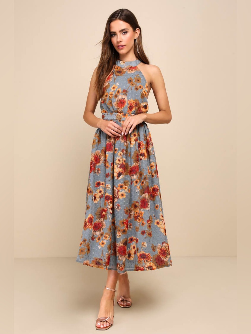 Lulu's Charming Vision Blue Floral Swiss Dot Lurex Halter Maxi Dress. S. NWT.